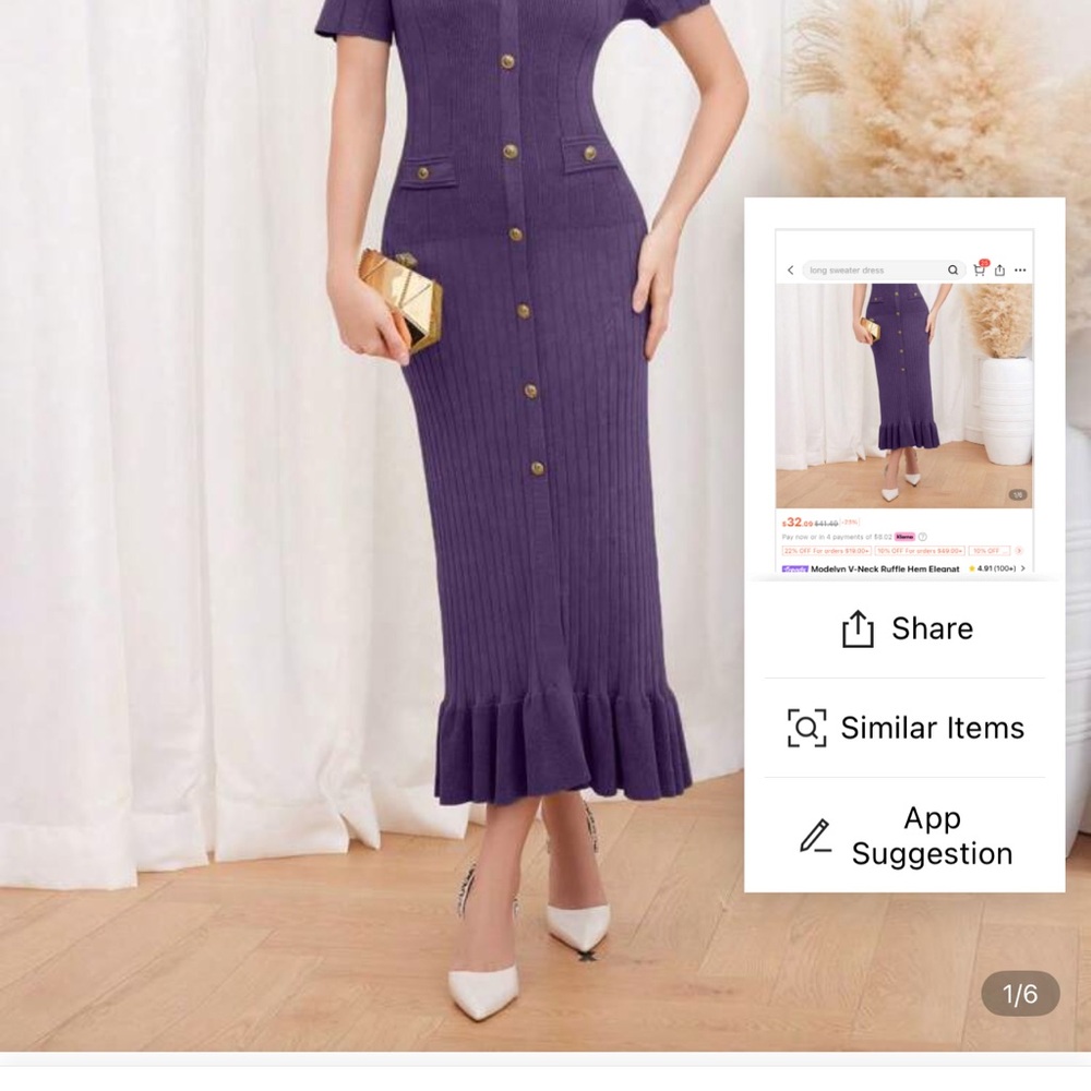 Purple Button-Down Midi Dress with Ruffle Hem